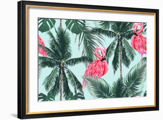 Pink Flamingos, Exotic Birds, Tropical Palm Leaves, Trees, Jungle Leaves Seamless Vector Floral Pat-NataliaKo-Framed Art Print