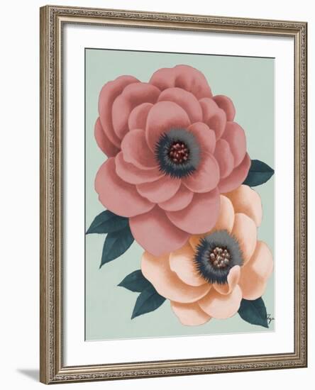 Pink Flowers on Mint I-Vivien Rhyan-Framed Art Print