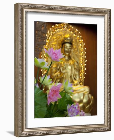 Pink Lotus Flowers in Front of Gold Statue, Kek Lok Si Temple, Island of Penang, Malaysia-Cindy Miller Hopkins-Framed Photographic Print