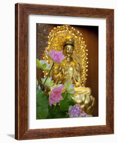 Pink Lotus Flowers in Front of Gold Statue, Kek Lok Si Temple, Island of Penang, Malaysia-Cindy Miller Hopkins-Framed Photographic Print