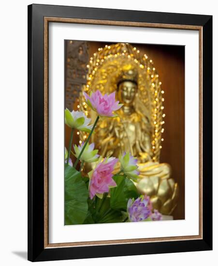 Pink Lotus Flowers in Front of Gold Statue, Kek Lok Si Temple, Island of Penang, Malaysia-Cindy Miller Hopkins-Framed Photographic Print