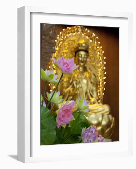 Pink Lotus Flowers in Front of Gold Statue, Kek Lok Si Temple, Island of Penang, Malaysia-Cindy Miller Hopkins-Framed Photographic Print