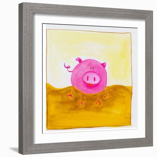 Pink Pig with Corkscrew Tail-null-Framed Premium Giclee Print