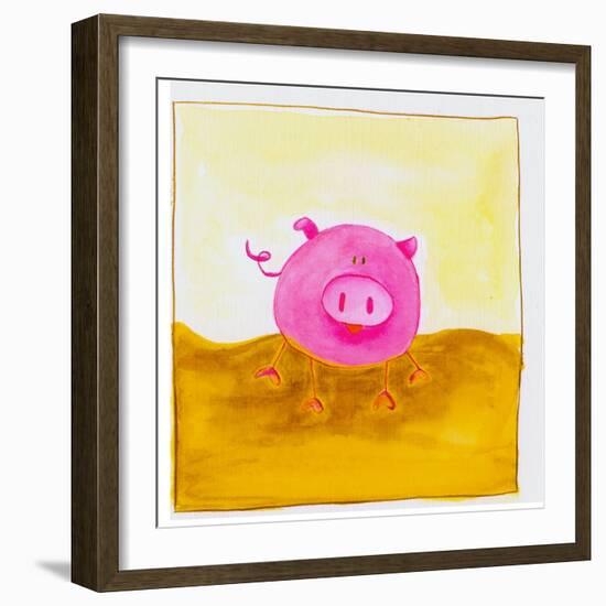 Pink Pig with Corkscrew Tail-null-Framed Premium Giclee Print