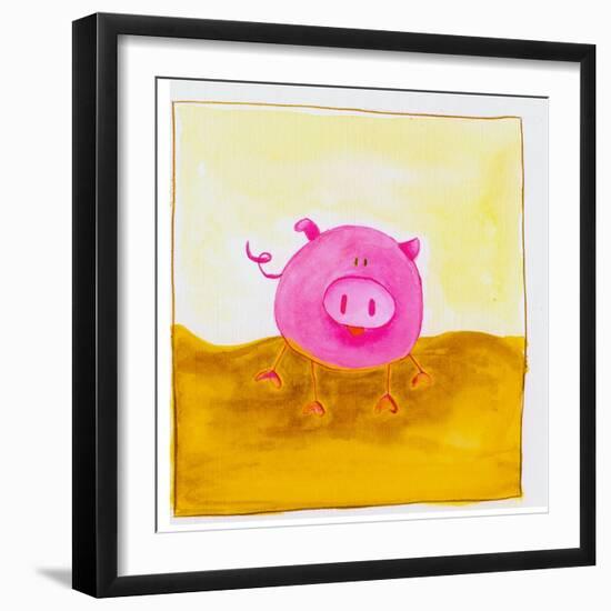 Pink Pig with Corkscrew Tail-null-Framed Premium Giclee Print