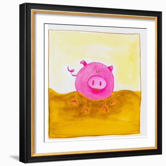 Pink Pig with Corkscrew Tail-null-Framed Premium Giclee Print