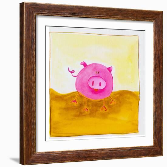 Pink Pig with Corkscrew Tail-null-Framed Giclee Print