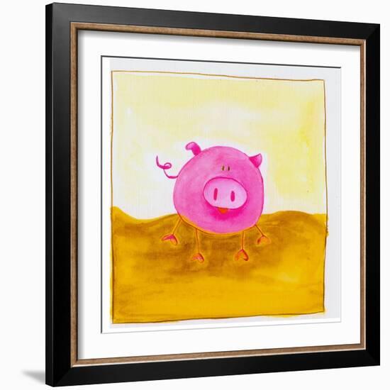 Pink Pig with Corkscrew Tail-null-Framed Giclee Print