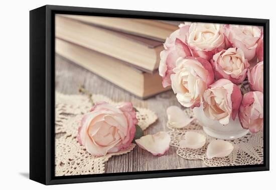 Pink Roses and Old Books on Wooden Desk-egal-Framed Premier Image Canvas