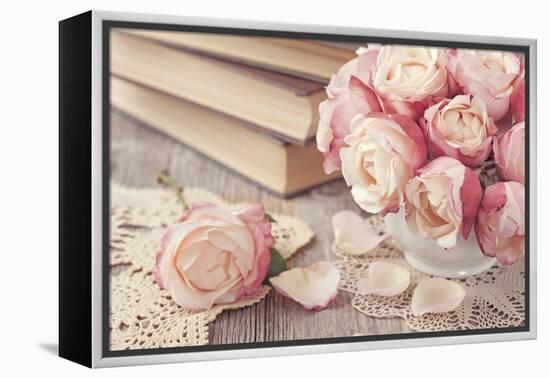 Pink Roses and Old Books on Wooden Desk-egal-Framed Premier Image Canvas