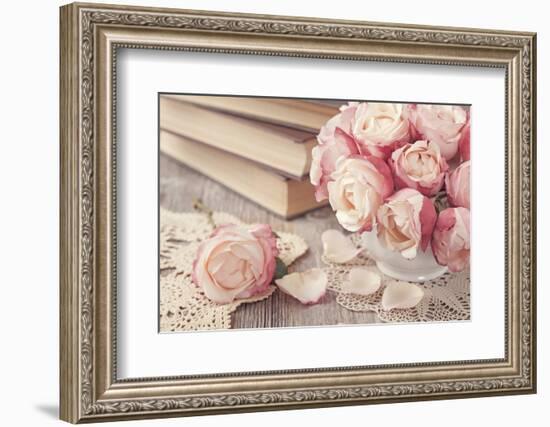 Pink Roses and Old Books on Wooden Desk-egal-Framed Photographic Print