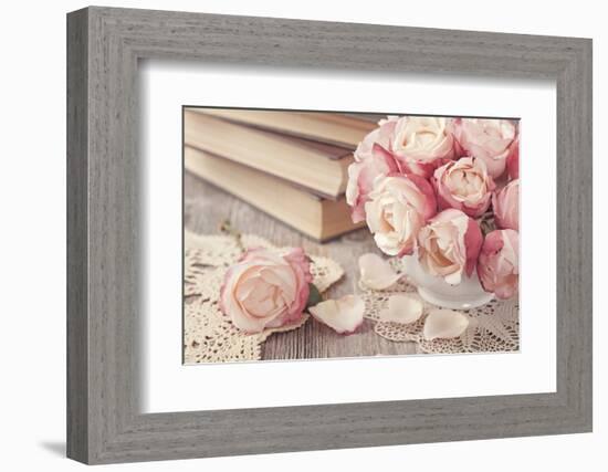 Pink Roses and Old Books on Wooden Desk-egal-Framed Photographic Print