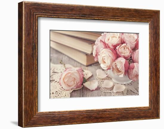 Pink Roses and Old Books on Wooden Desk-egal-Framed Photographic Print