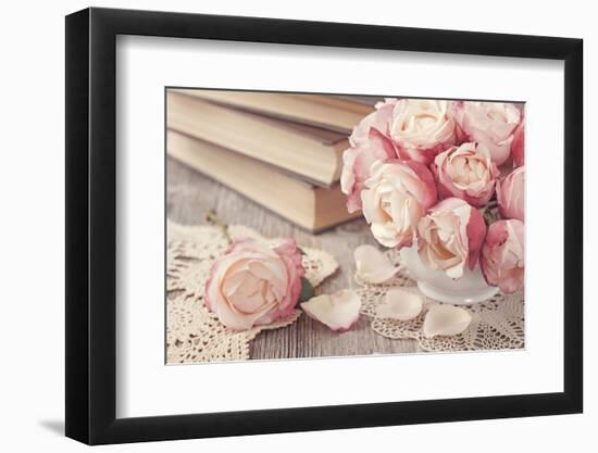 Pink Roses and Old Books on Wooden Desk-egal-Framed Photographic Print