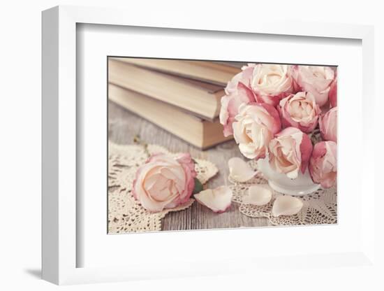 Pink Roses and Old Books on Wooden Desk-egal-Framed Photographic Print