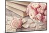 Pink Roses and Old Books on Wooden Desk-egal-Mounted Photographic Print