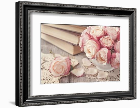 Pink Roses and Old Books on Wooden Desk-egal-Framed Photographic Print