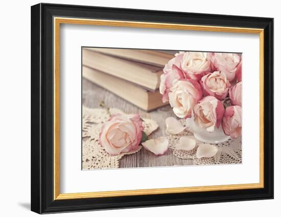 Pink Roses and Old Books on Wooden Desk-egal-Framed Photographic Print