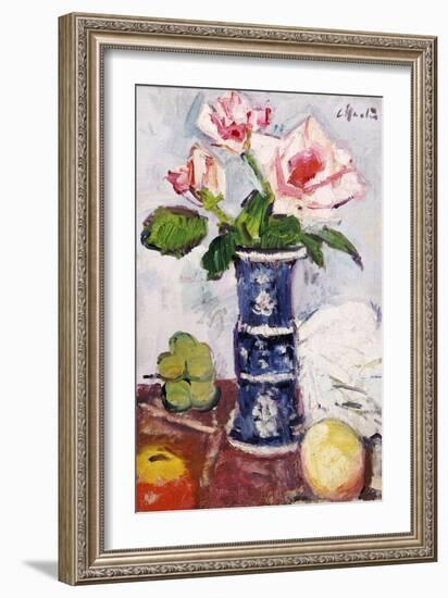 Pink Roses in a Chinese Blue and White Gu-Shaped Vase-George Leslie Hunter-Framed Giclee Print