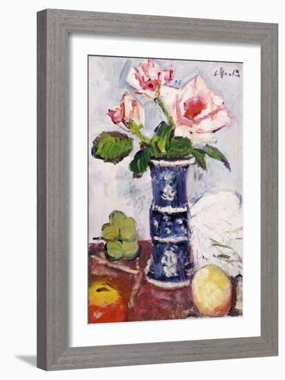 Pink Roses in a Chinese Blue and White Gu-Shaped Vase-George Leslie Hunter-Framed Giclee Print