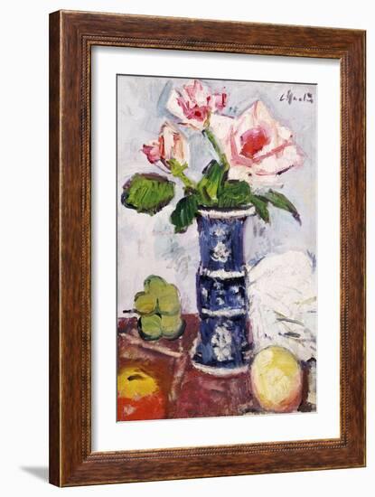 Pink Roses in a Chinese Blue and White Gu-Shaped Vase-George Leslie Hunter-Framed Giclee Print