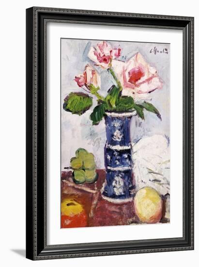 Pink Roses in a Chinese Blue and White Gu-Shaped Vase-George Leslie Hunter-Framed Giclee Print