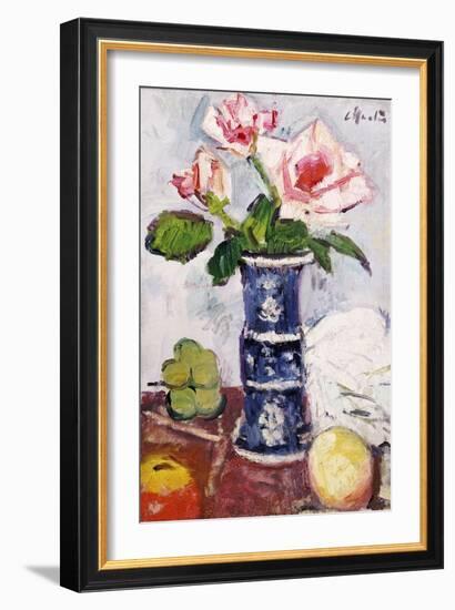 Pink Roses in a Chinese Blue and White Gu-Shaped Vase-George Leslie Hunter-Framed Giclee Print