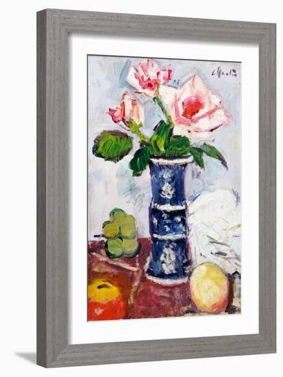 Pink Roses in a Chinese Blue and White Gu-Shaped Vase-George Leslie Hunter-Framed Giclee Print