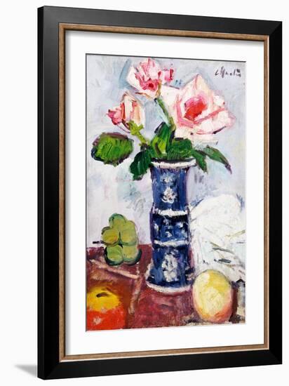 Pink Roses in a Chinese Blue and White Gu-Shaped Vase-George Leslie Hunter-Framed Giclee Print