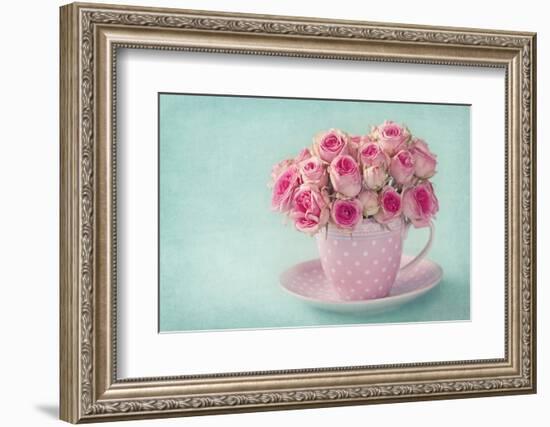 Pink Roses in a Cup on Blue Background-egal-Framed Photographic Print