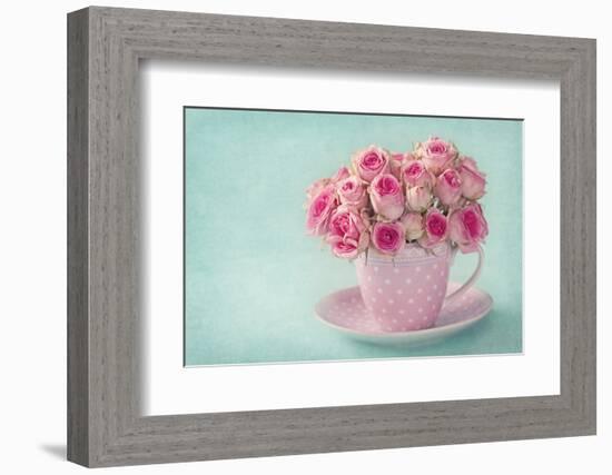 Pink Roses in a Cup on Blue Background-egal-Framed Photographic Print