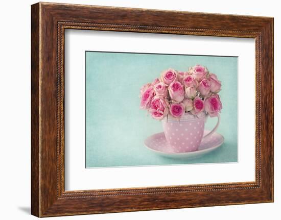 Pink Roses in a Cup on Blue Background-egal-Framed Photographic Print