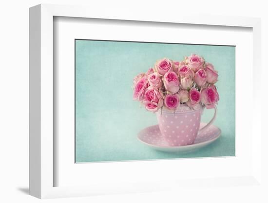 Pink Roses in a Cup on Blue Background-egal-Framed Photographic Print