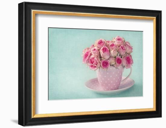 Pink Roses in a Cup on Blue Background-egal-Framed Photographic Print