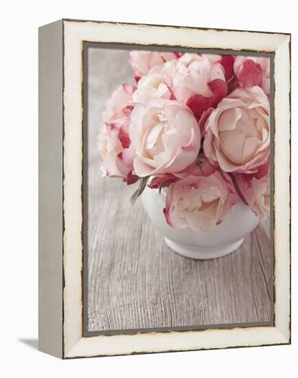 Pink Roses on Wooden Desk-egal-Framed Premier Image Canvas
