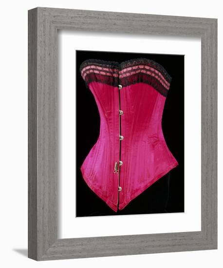 Pink Silk Satin Edged Whalebone Corset with Black Lace and Pink Ribbon-null-Framed Giclee Print