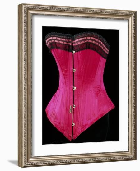 Pink Silk Satin Edged Whalebone Corset with Black Lace and Pink Ribbon-null-Framed Giclee Print