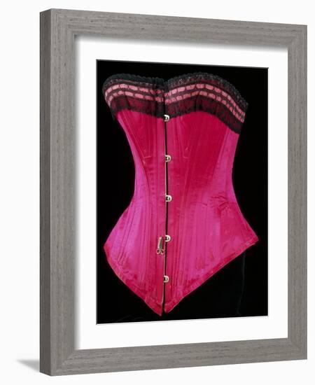 Pink Silk Satin Edged Whalebone Corset with Black Lace and Pink Ribbon-null-Framed Giclee Print