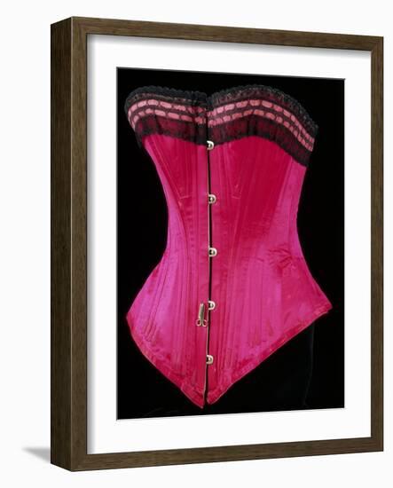 Pink Silk Satin Edged Whalebone Corset with Black Lace and Pink Ribbon-null-Framed Giclee Print