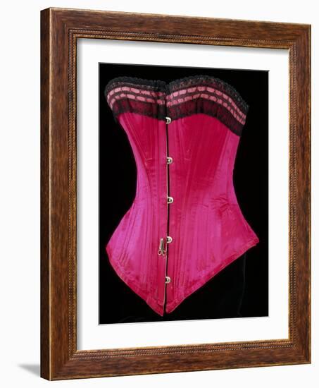 Pink Silk Satin Edged Whalebone Corset with Black Lace and Pink Ribbon-null-Framed Giclee Print