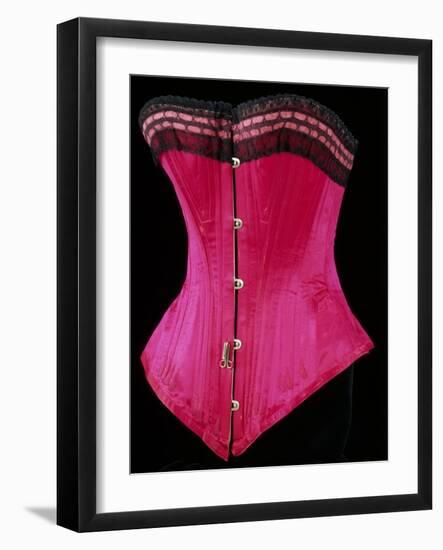 Pink Silk Satin Edged Whalebone Corset with Black Lace and Pink Ribbon-null-Framed Giclee Print