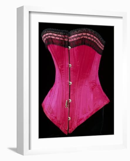 Pink Silk Satin Edged Whalebone Corset with Black Lace and Pink Ribbon-null-Framed Giclee Print