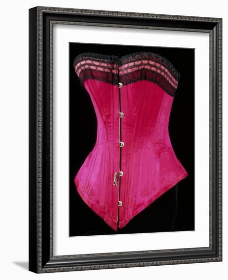 Pink Silk Satin Edged Whalebone Corset with Black Lace and Pink Ribbon-null-Framed Giclee Print