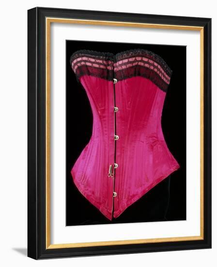 Pink Silk Satin Edged Whalebone Corset with Black Lace and Pink Ribbon-null-Framed Giclee Print