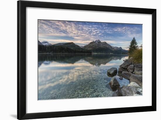 Pink Sky at Dawn Illuminates the Peaks Reflected in Lake Sils, Canton of Graubunden, Switzerland-Roberto Moiola-Framed Photographic Print