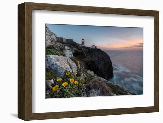 Pink sky at sunset and yellow flowers frame the lighthouse, Cabo De Sao Vicente, Sagres, Algarve, P-Roberto Moiola-Framed Photographic Print