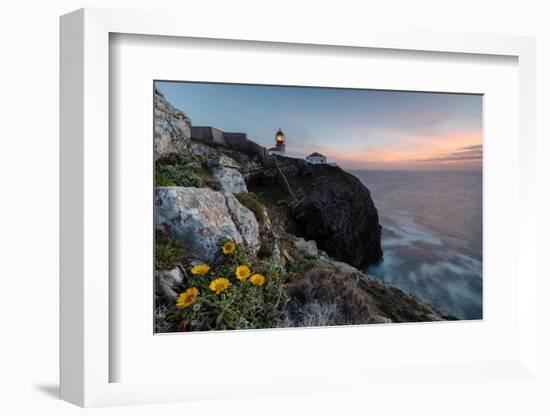 Pink sky at sunset and yellow flowers frame the lighthouse, Cabo De Sao Vicente, Sagres, Algarve, P-Roberto Moiola-Framed Photographic Print