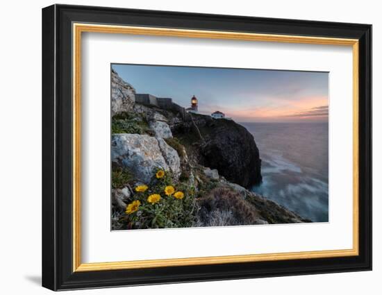 Pink sky at sunset and yellow flowers frame the lighthouse, Cabo De Sao Vicente, Sagres, Algarve, P-Roberto Moiola-Framed Photographic Print