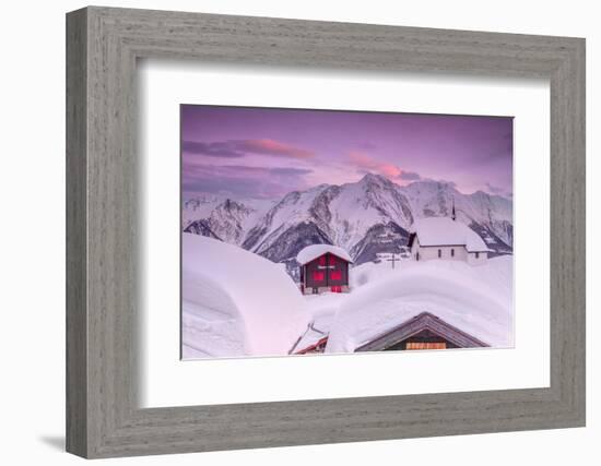 Pink Sky at Sunset Frames the Snowy Mountain Huts and Church, Bettmeralp, District of Raron-Roberto Moiola-Framed Photographic Print