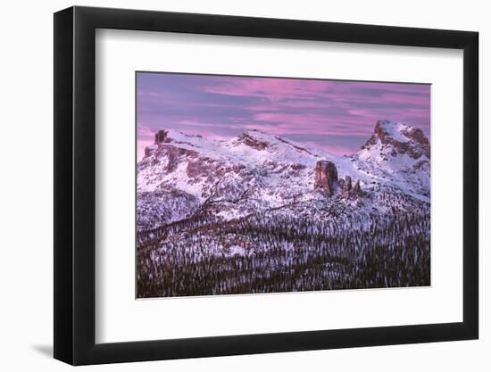 Pink sunrise on Five Towers (Cinque Torri) mountains in winter with snow, Dolomites-Francesco Fanti-Framed Photographic Print